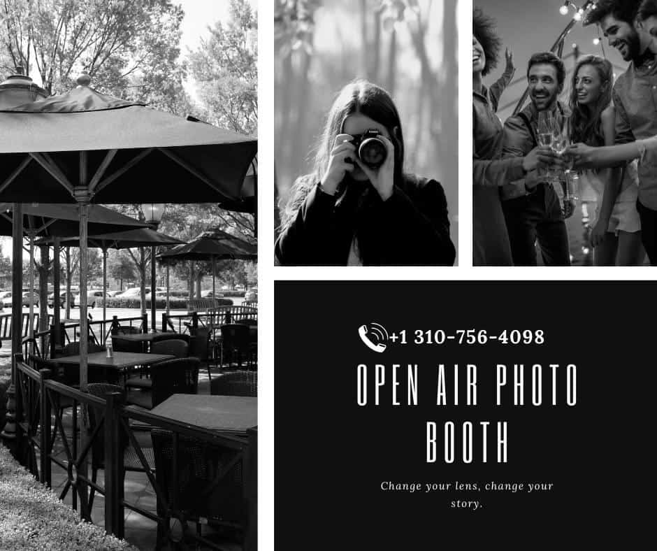 open air photo booth promotional flyer with people enjoying party woman taking picture and event space