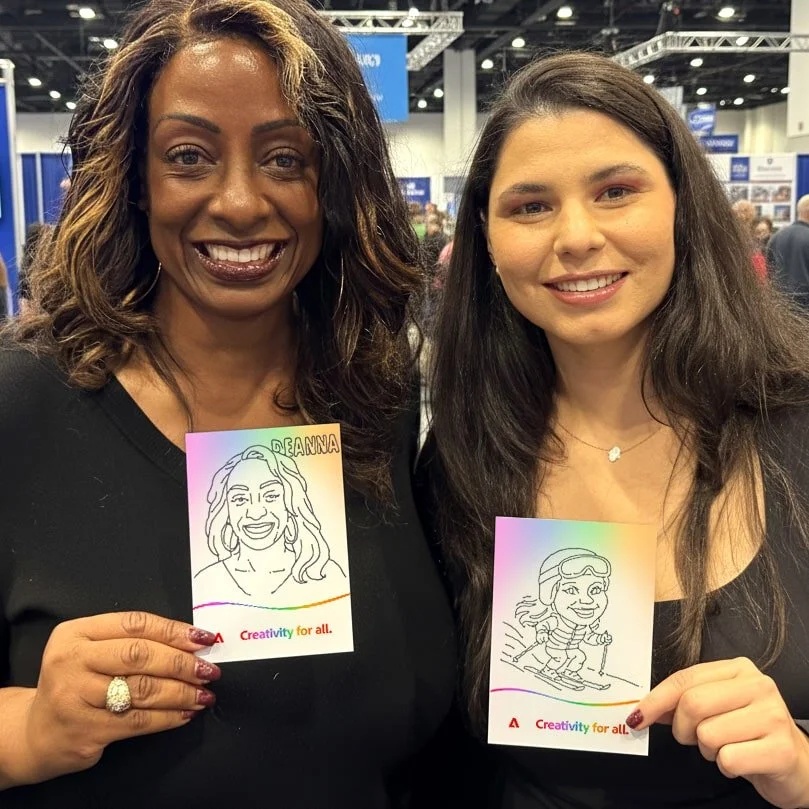 Guests showing their branded illustrated portrait cards