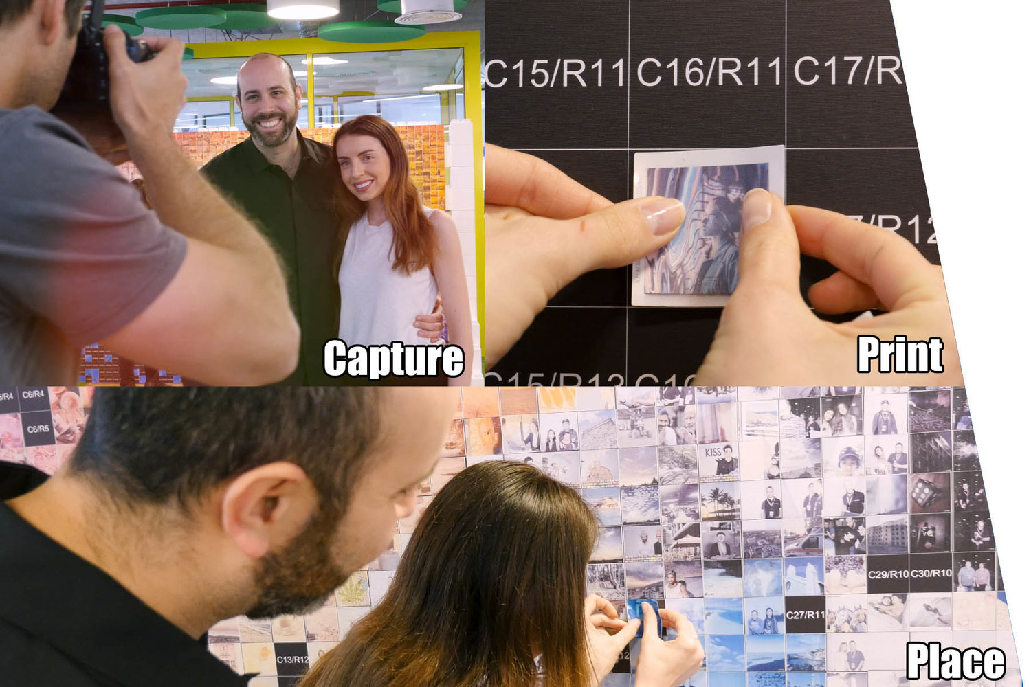 Diagram showing portraits assembling into a larger branded photo mosaic
