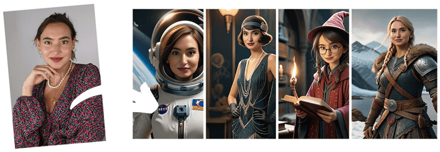 Original portrait and AI transformations displayed side by side