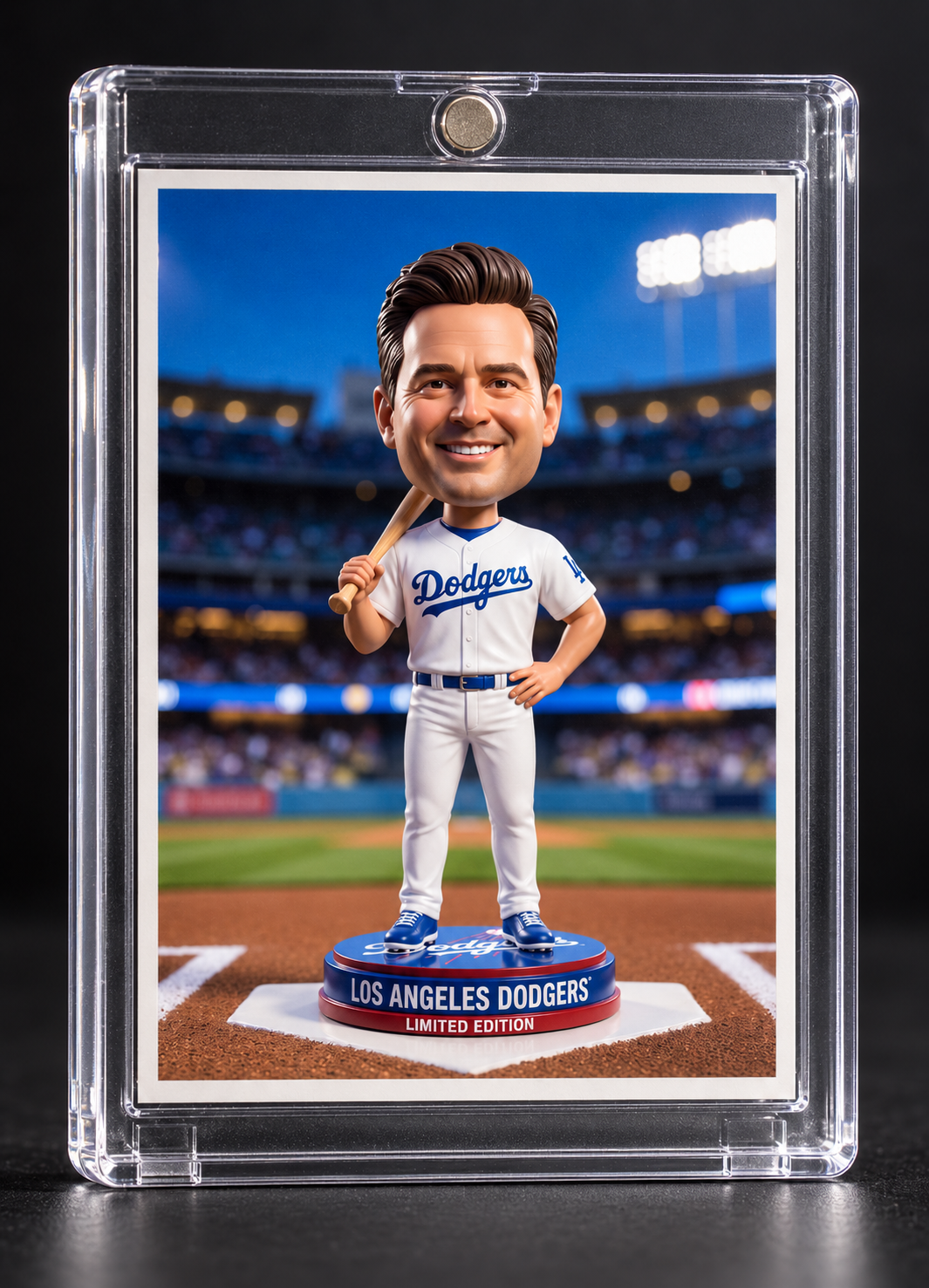 AI baseball bobblehead trading card displayed in a clear magnetic case