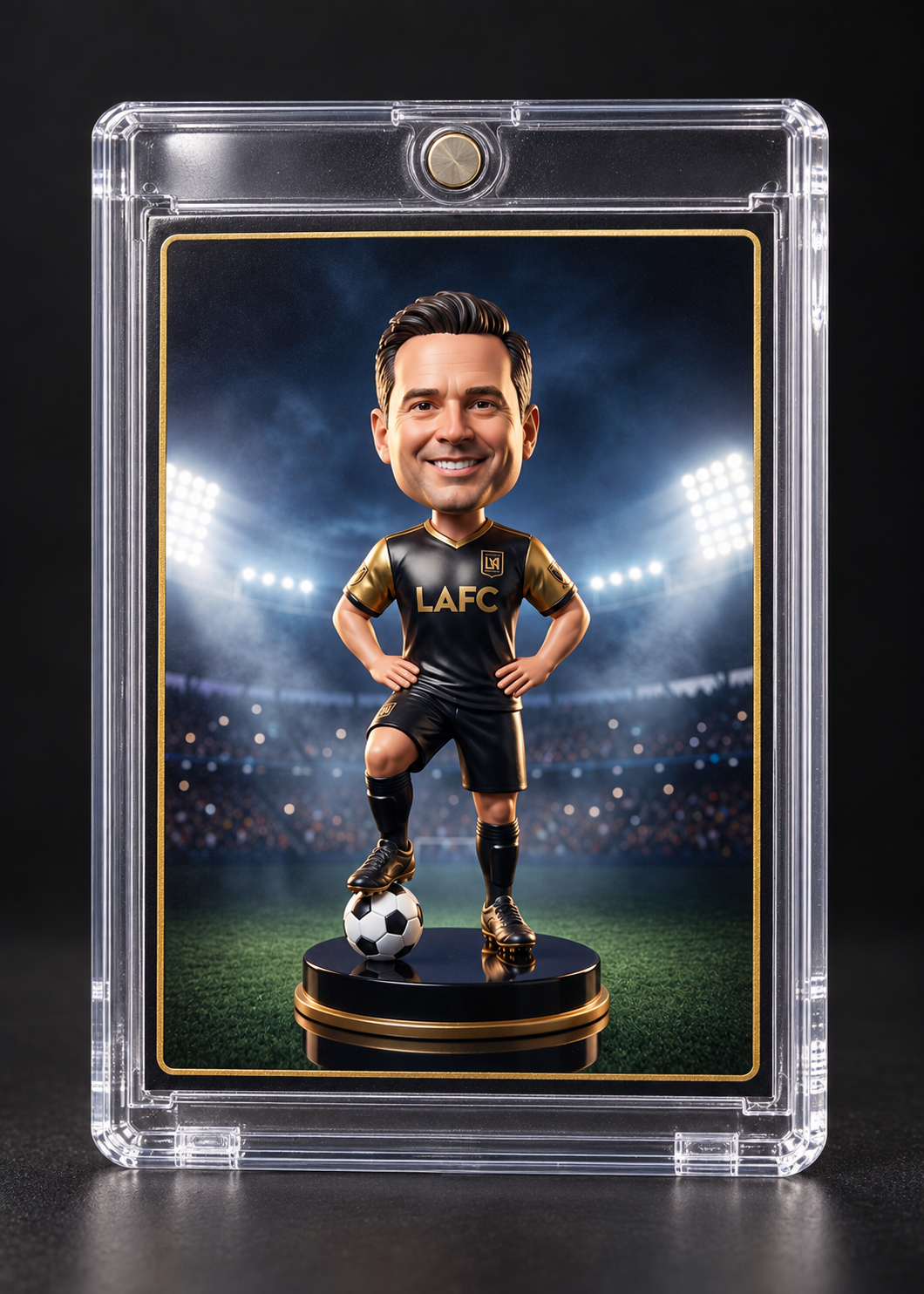 AI soccer bobblehead trading card displayed in a clear acrylic case