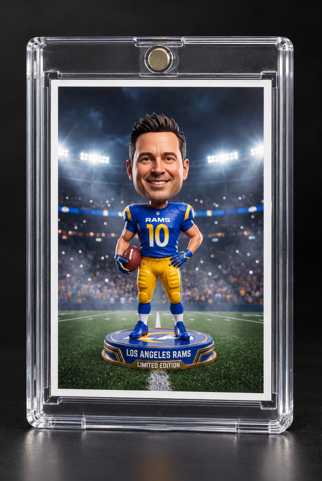AI football bobblehead trading card displayed in a clear magnetic case