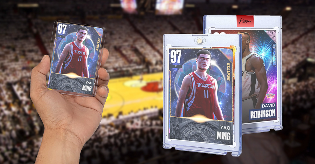 Trading-card presentation examples with clear protective holders