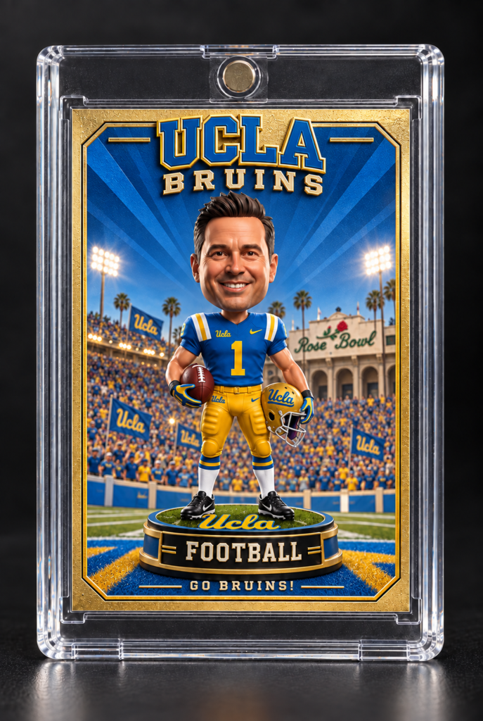 UCLA football bobblehead trading-card example in a clear magnetic holder
